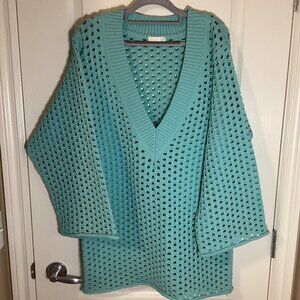 H&M Aqua Blue Women's Open Knit Plunge Neck Oversize Stretch Coverup Dress